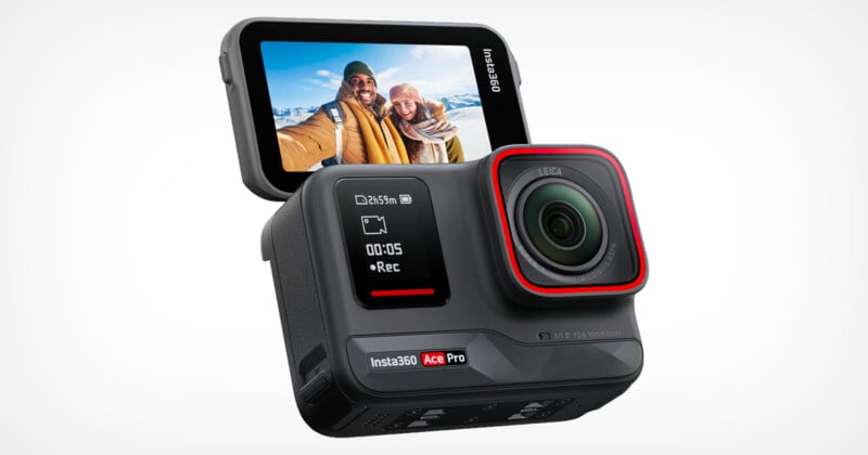 Close-up of Insta360 Ace Pro camera with Leica lens. A camera shot shows a smiling couple in winter clothes taking a selfie with snow-capped mountains in the background. The elegant design of the device is highlighted.